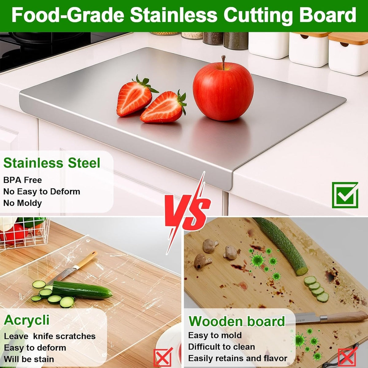 Food grade - Stainless Steel Cutting Board – Antibacterial Kitchen Mat