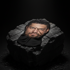Man's face superimposed onto a stone surface with a dark background