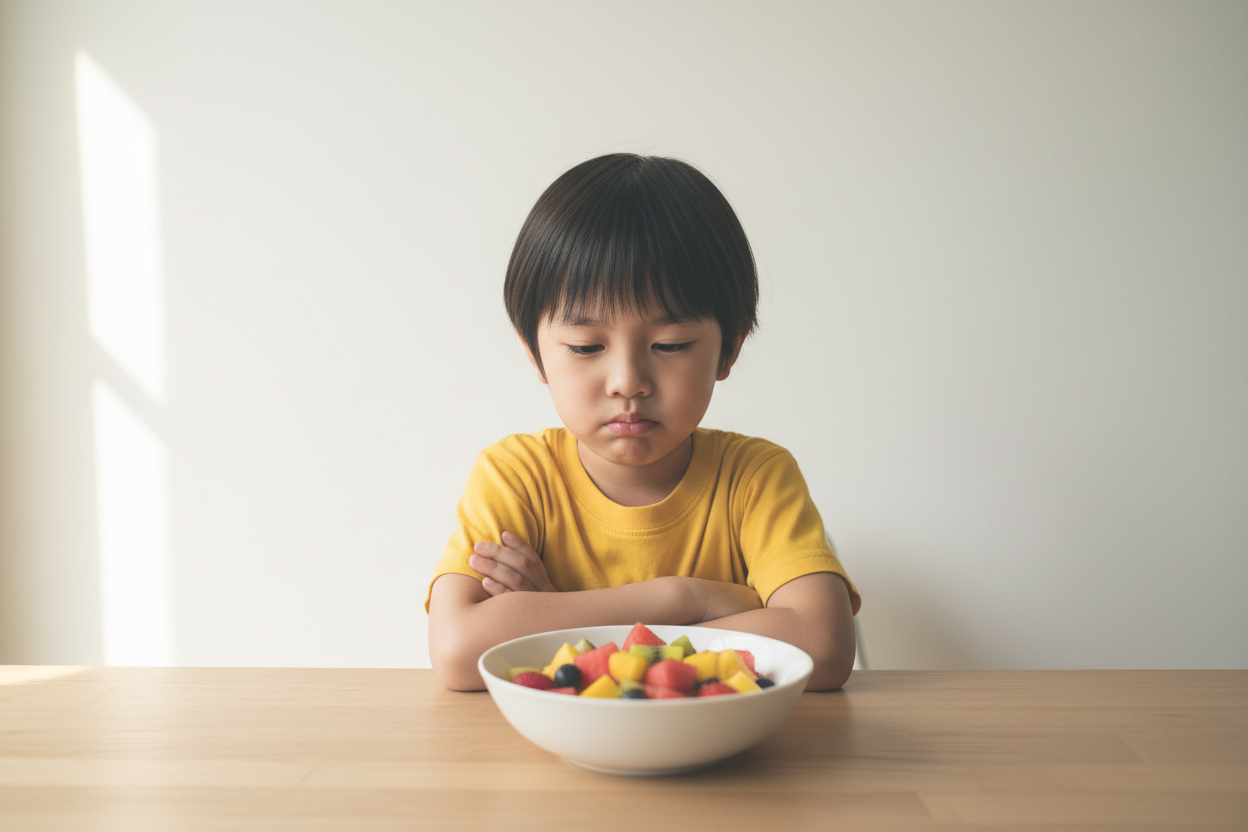 Before - Sad Child with Fruit Salad