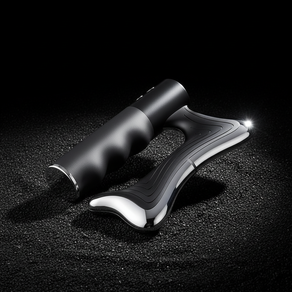 Black handle with silver gua sha tool - professional lighting