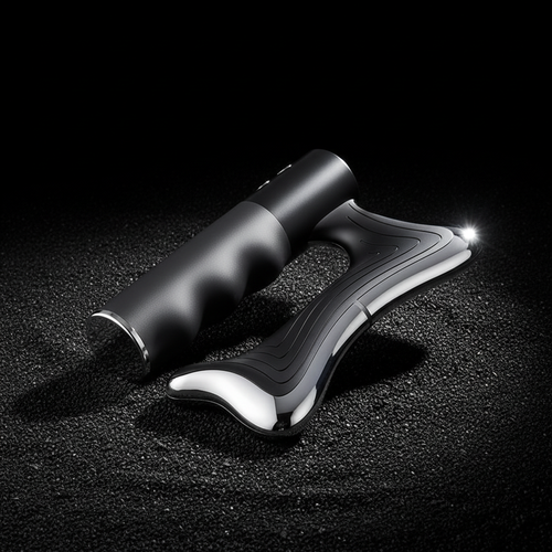 Black handle with silver gua sha tool - professional lighting
