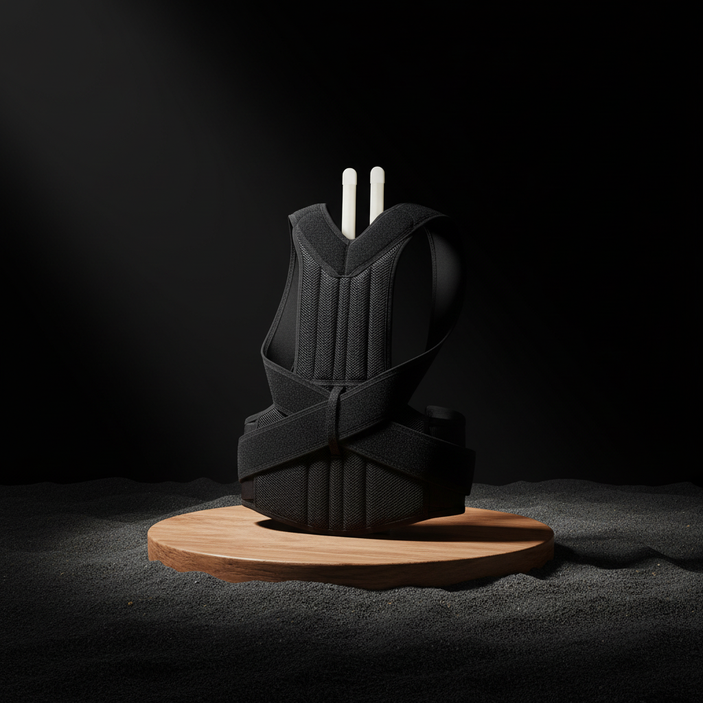 Black posture corrector on wooden podium with dramatic lighting