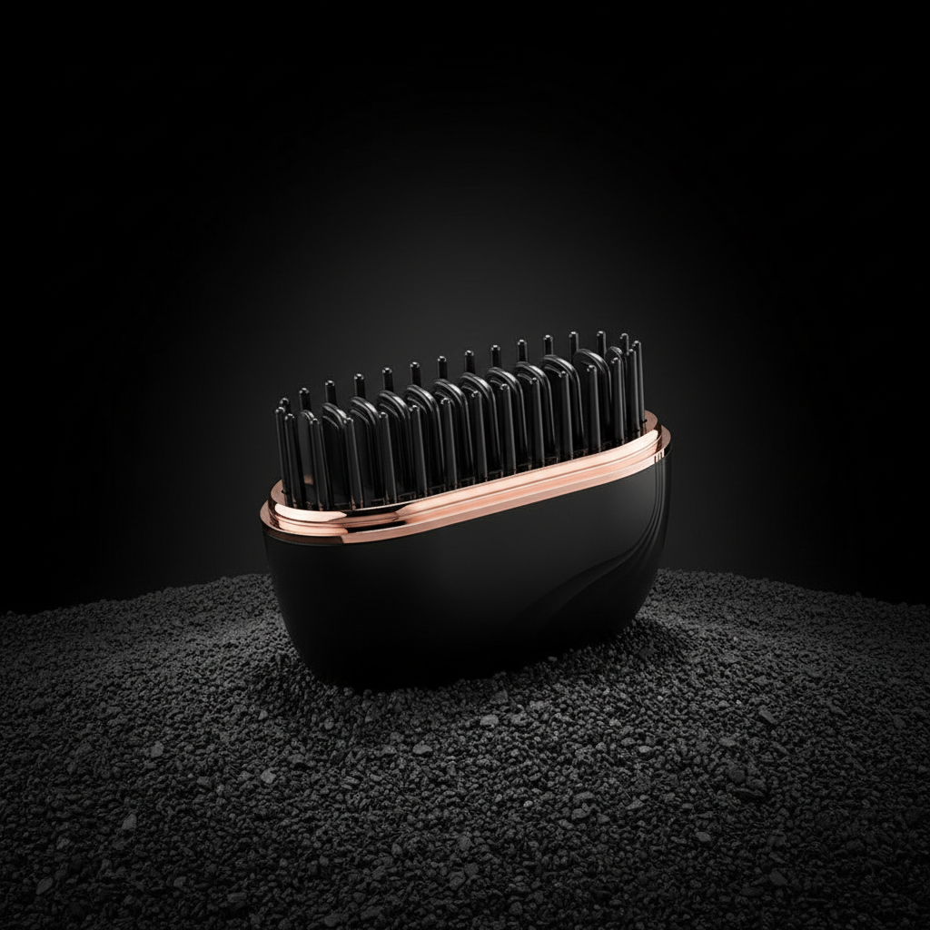 Complete black wireless hair comb on dark sand