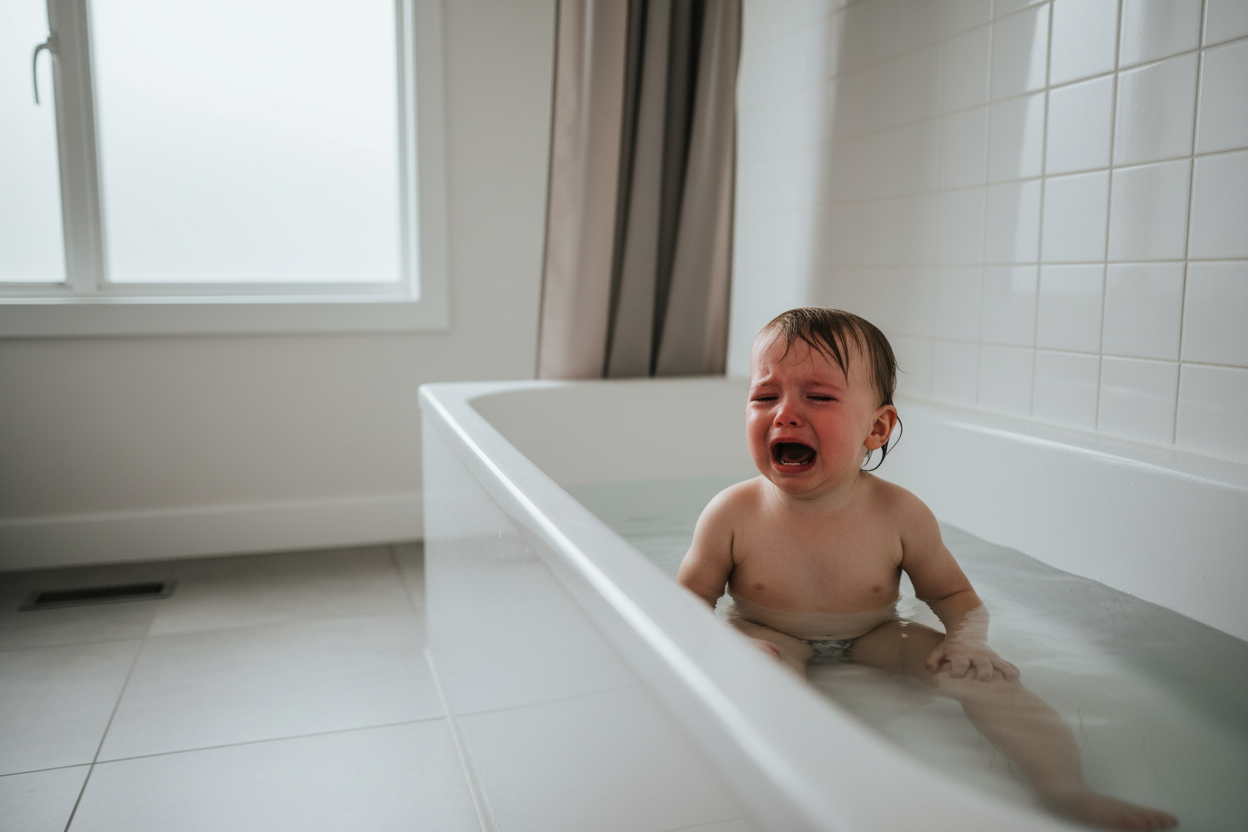 Crying child in bathtub with water