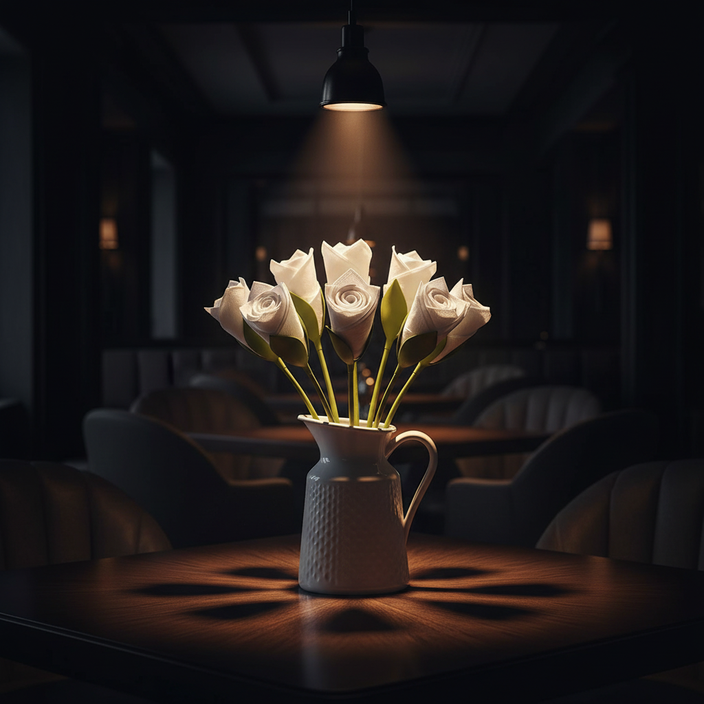 Dark Dining Table Napkin Flowers in White Jug