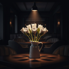 Dark Dining Table Napkin Flowers in White Jug