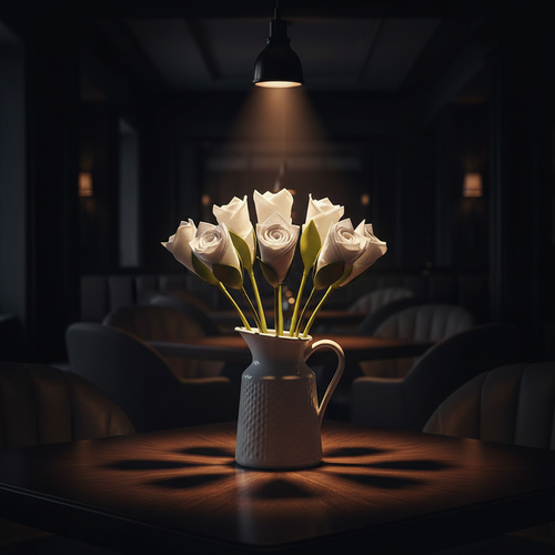 Dark Dining Table Napkin Flowers in White Jug