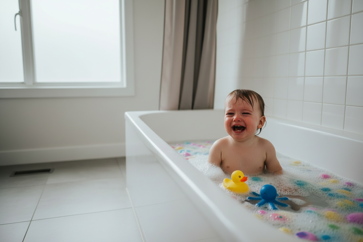 Happy child in bathtub with foam and toys