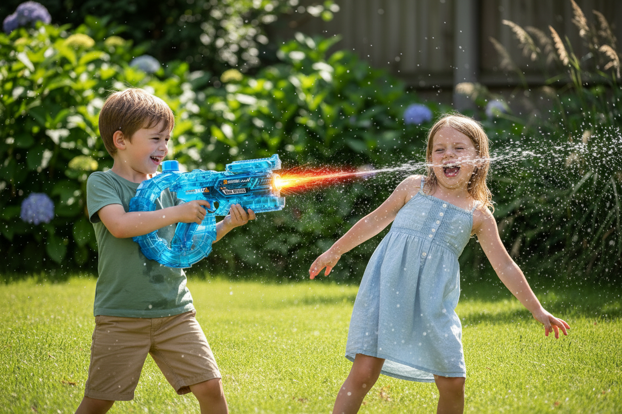 Kids Playing Water Gun - Correct Position