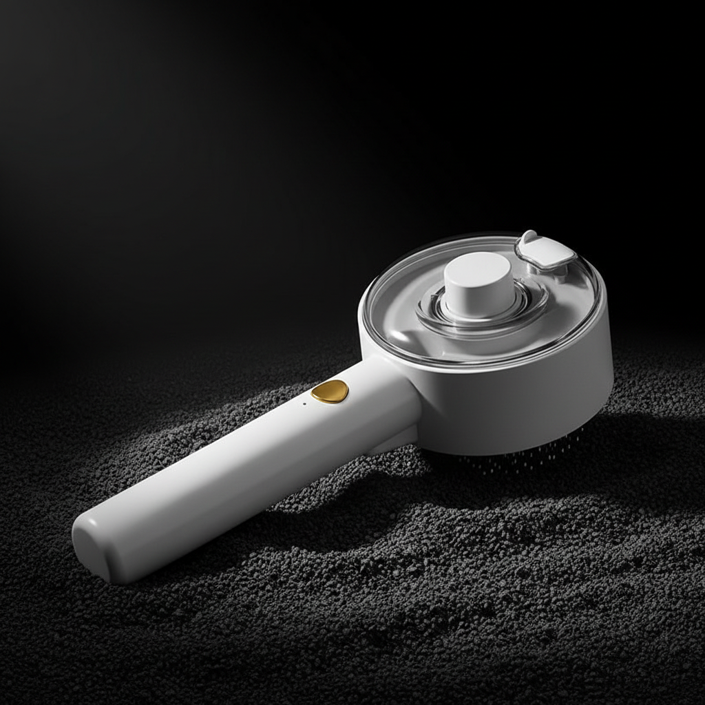 Pet grooming spray brush with dramatic lighting