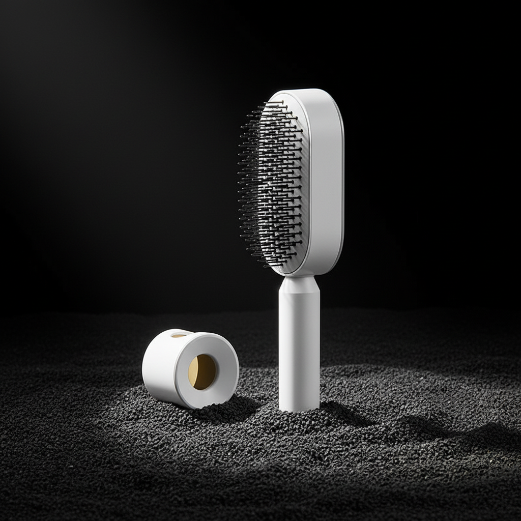 Self-cleaning comb with base and dramatic lighting