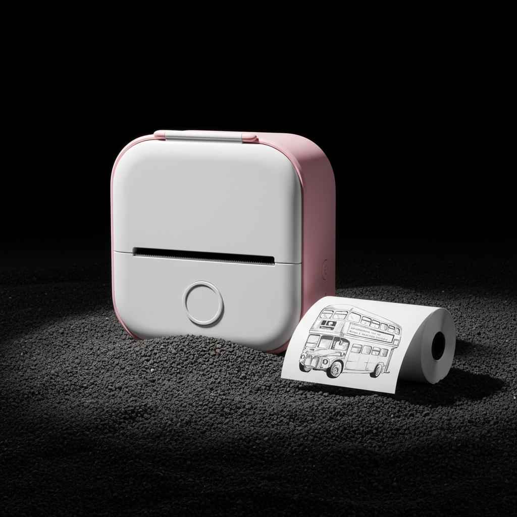 Sticker printer with roll and dramatic lighting