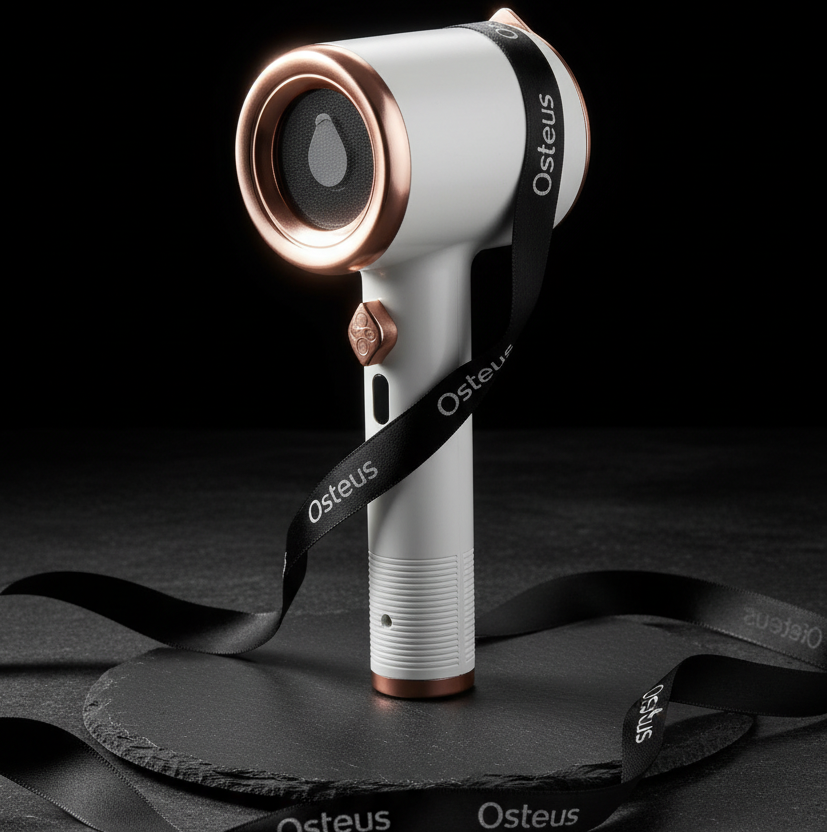 White steamer with Osteus branding ribbons