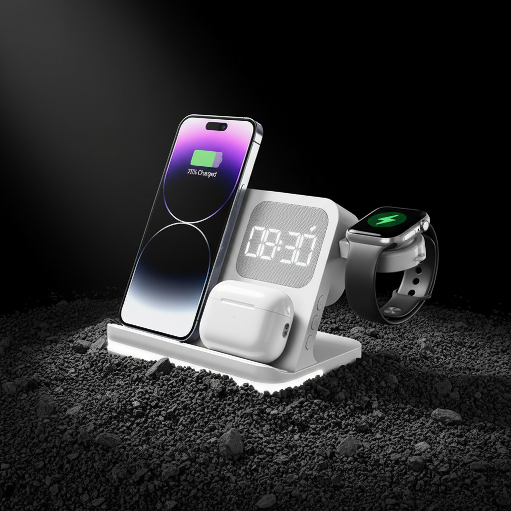 Wireless charging station on dark sand with dramatic lighting